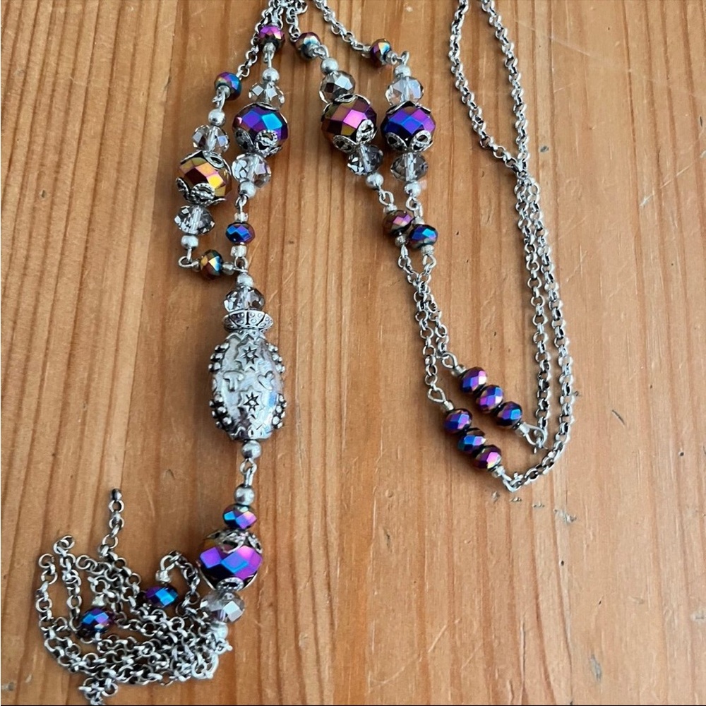 N342 Elegant Silver Multicolor AB Crystal long tassel necklace 42”